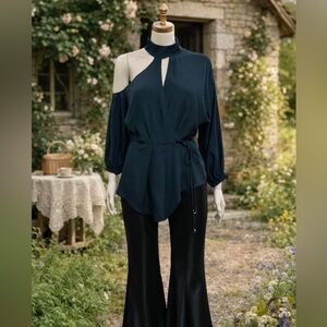 Allen Schwartz Blue Silk One Shoulder Wrap Blouse